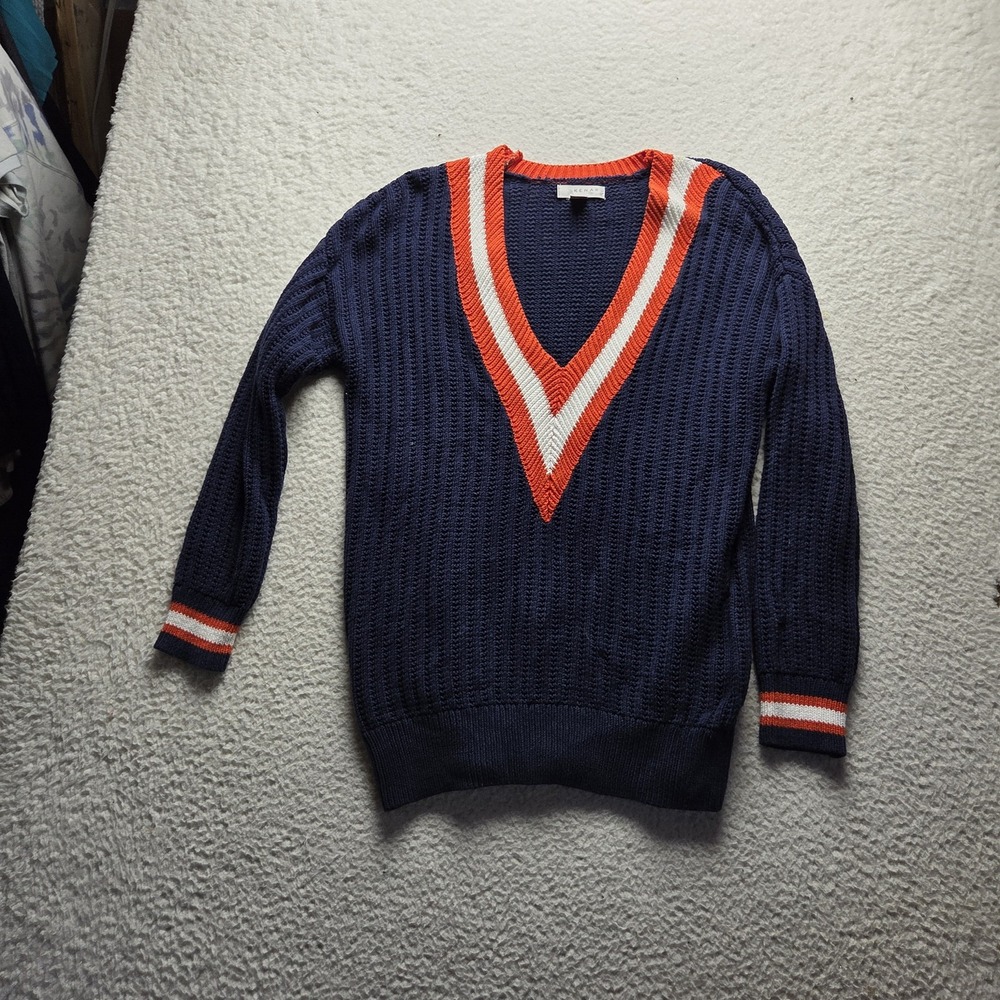 Kenar Sweater Womens Medium Blue V Neck Long Sleeve Striped Open Knit Pullover